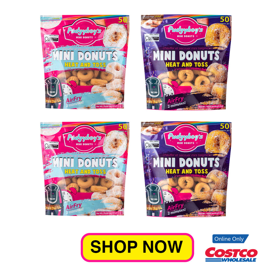 Pudgyboy's Heat & Toss Mini Donuts, 4-pack (2 Cinnamon Sugar & 2 Powdered Sugar)